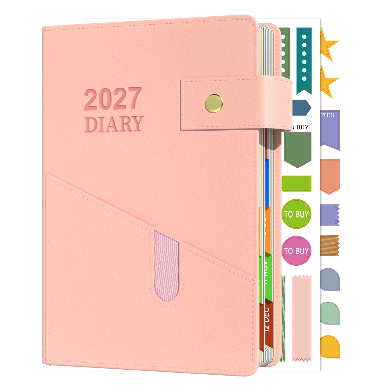 Sailingvan Diary 2027 A5 Page a Day with Button Strap,January 2027-December 2027, Monthly Overview Daily Planner, Colorful Monthly Tabs, Front Pocket, Pen Holder & Planning Stickers (8.5'' x 5.8'')