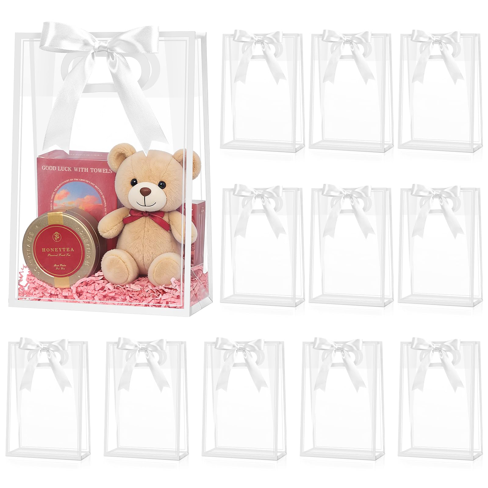 Meolvic 12 Pack Clear Plastic Gift Bags with Handles, Reusable White Party Favor Bags with Ribbon Clear Goodie Bags for Wedding, Bridal Shower, Birthday, Baby Shower, 10.2 x 7.1 x 3.1 Inch