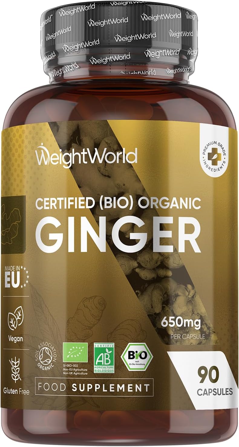 WeightWorld Organic Ginger Supplement | 650mg Vegan Ginger Capsules per Serving | 90 Capsules | 1 a Day Supplement | Gluten-Free | Soil Association Certified Zingiber Officinale Root Powder