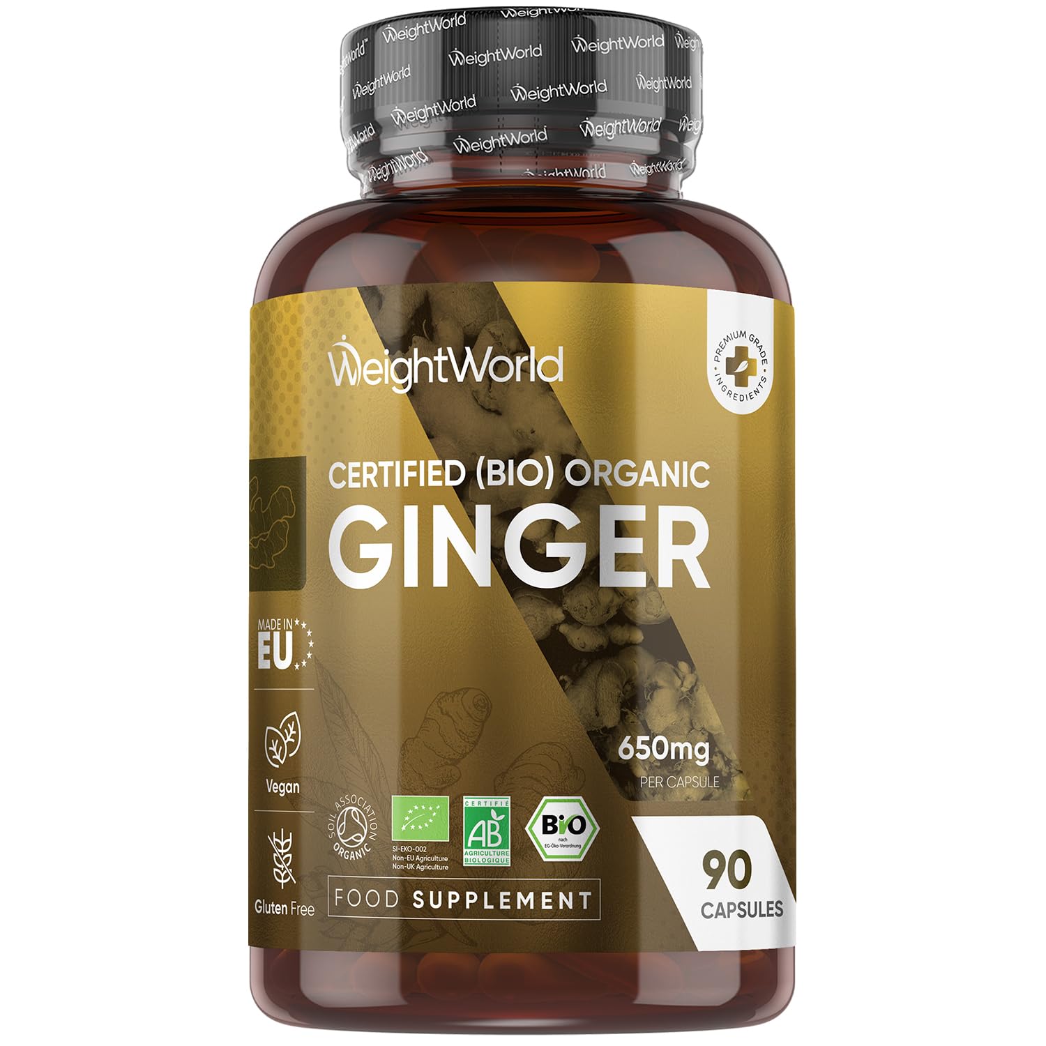 WeightWorld Organic Ginger Supplement | 650mg Vegan Ginger Capsules per Serving | 90 Capsules | 1 a Day Supplement | Gluten-Free | Soil Association Certified Zingiber Officinale Root Powder