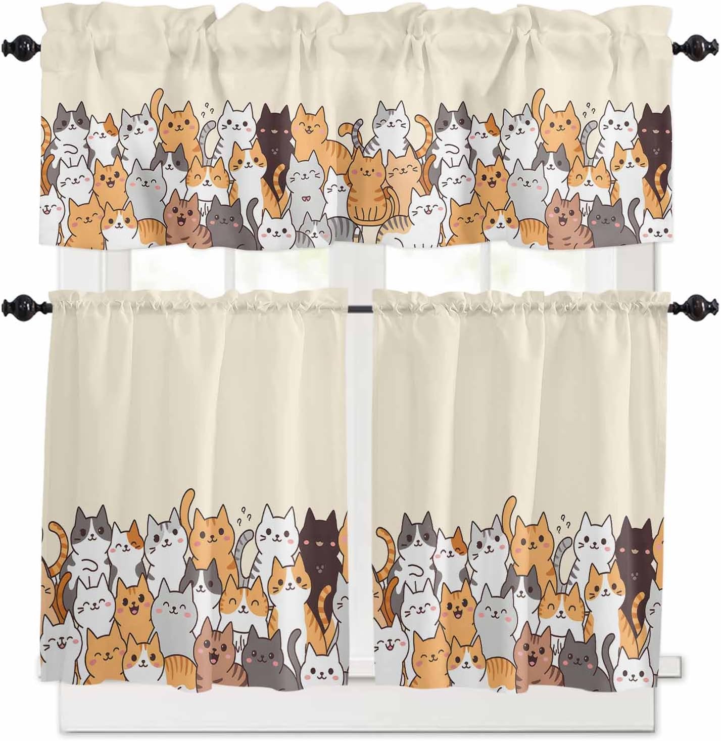 3 Piece Kitchen Curtains and Valances Set Cartoon Cat Cafe Curtains 36 Inch Length Modern Simple Funny Cute Animals Art Valance & Tier Curtain for Living Room Bedroom Small Window 54"x18"+27"x36"*2