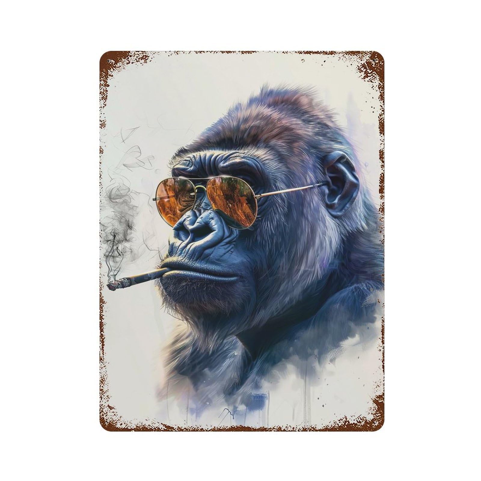 Weathered Tin Sign with Gorilla Smoking Design 15.7"x11.8", for Shed, Workshop And Garage Wall Decor, Decorative Metal Wall Art