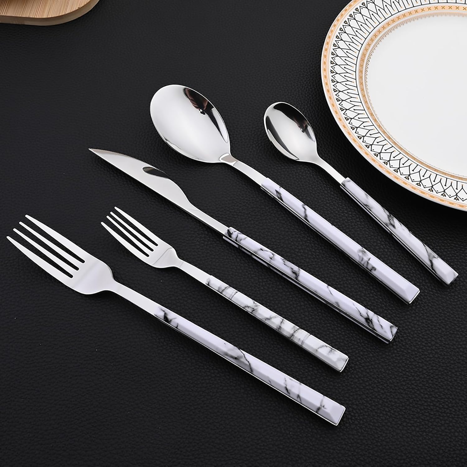 30pcs Marble Handle Flatware Set, Stainless Steel Cutlery Set Include Knife/Fork/Spoons, Mirror Polish, Service for 6 (White Silver)