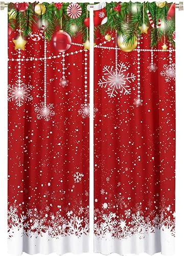 Kazynee Cortinas opacas con bolsillo para cortinero de Navidad para dormitorio, cortinas vintage con estampado floral rojo con copos de nieve,