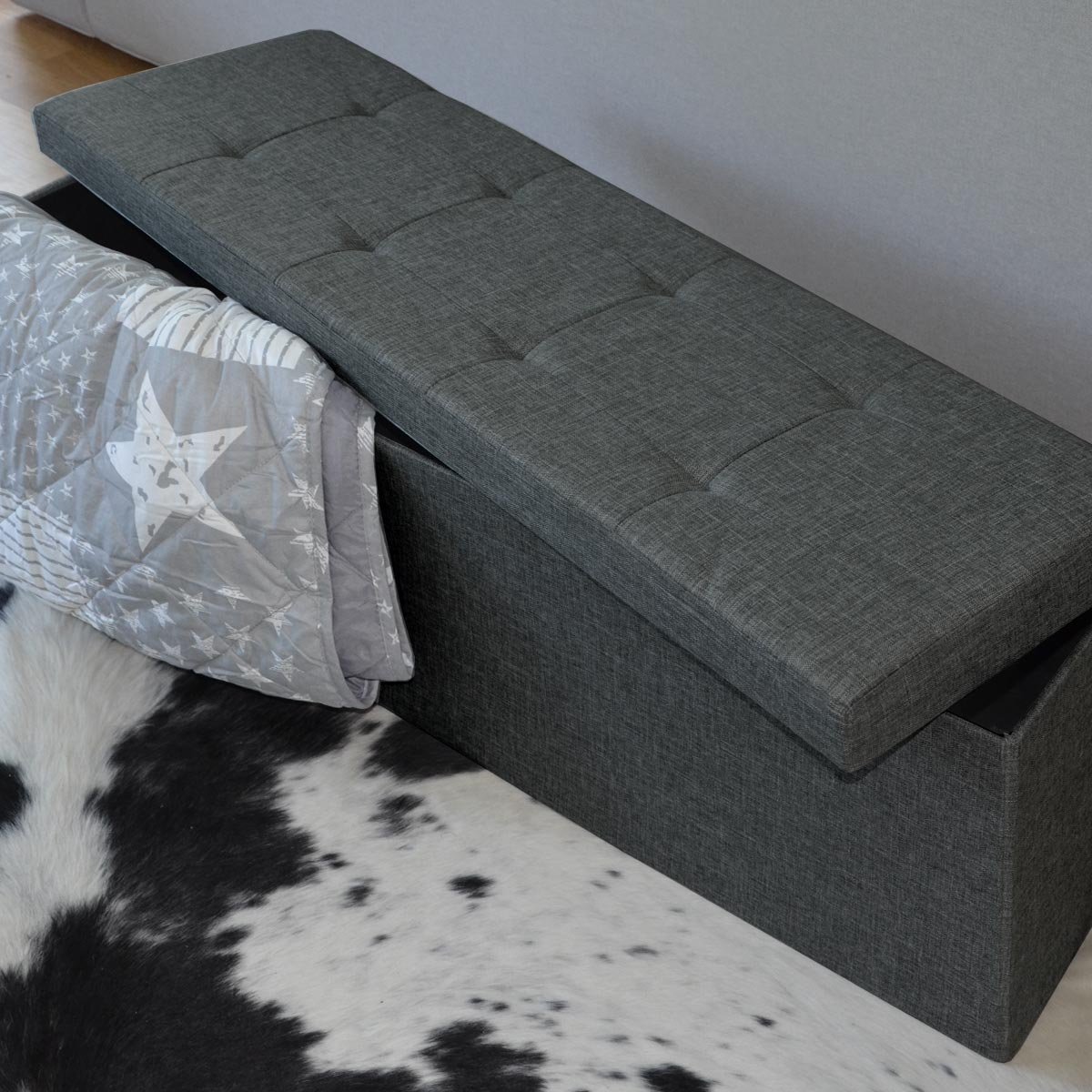 DuneDesign Otomana XXL Banca Plegable 110x38x38cm Incl 2 Paredes divisorias 120L pie de Cama Rectangular sofá Forrado con Tela 3 plazas Gris Oscuro