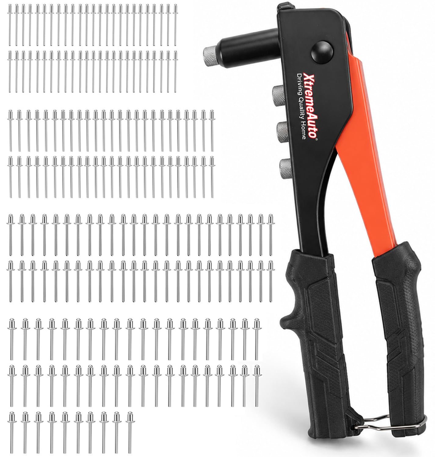 Xtremeauto 4-in-1 Heavy Duty Rivet Gun Set with 200 Aluminium Blind Rivets, Hand Riveter Kit with 2.4mm, 3.2mm, 4.0mm & 4.8mm Nosepieces for Metal, Automotive, DIY, Workshop & Repairs