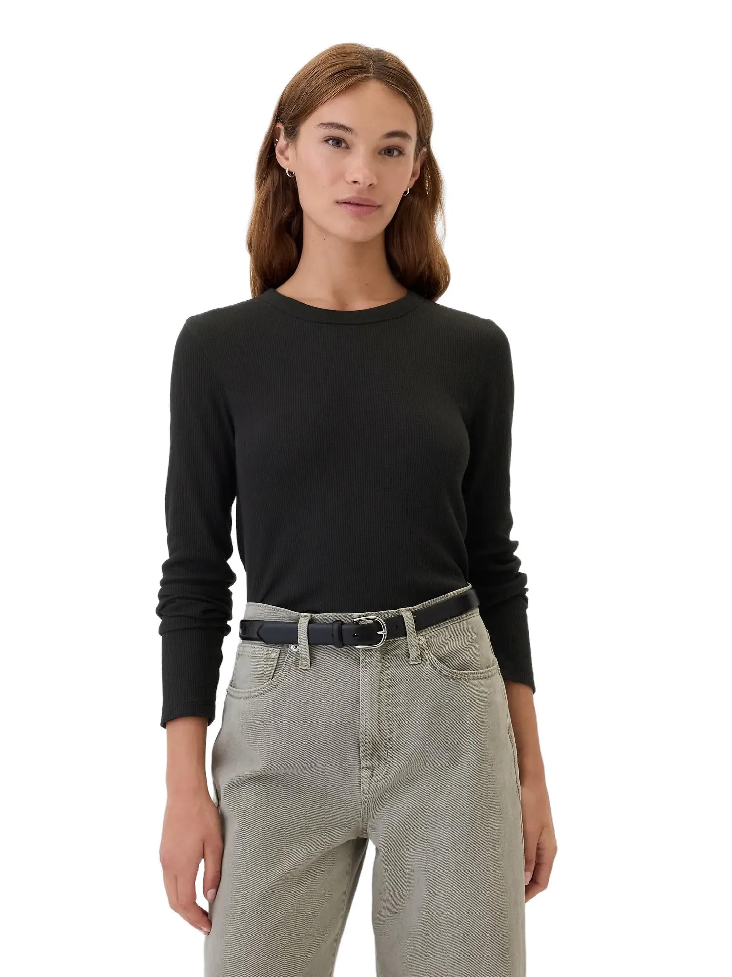 GAP Women's Long Sleeve Waffle Knit T-Shirt, Black V2, M