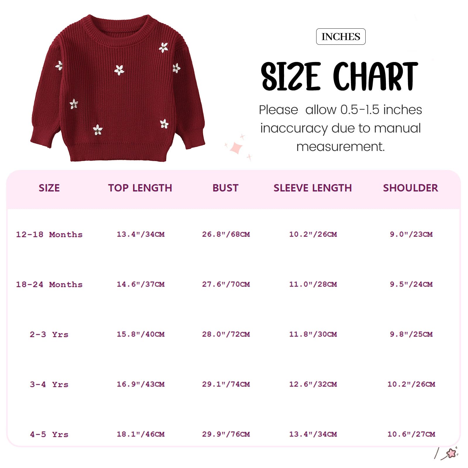 Suéter de Punto con Bordado Floral para Niñas Pequeñas Manga Larga Caliente Sudadera Pullover de Punto Cálida Jersey Ropa para Otoño e Invierno
