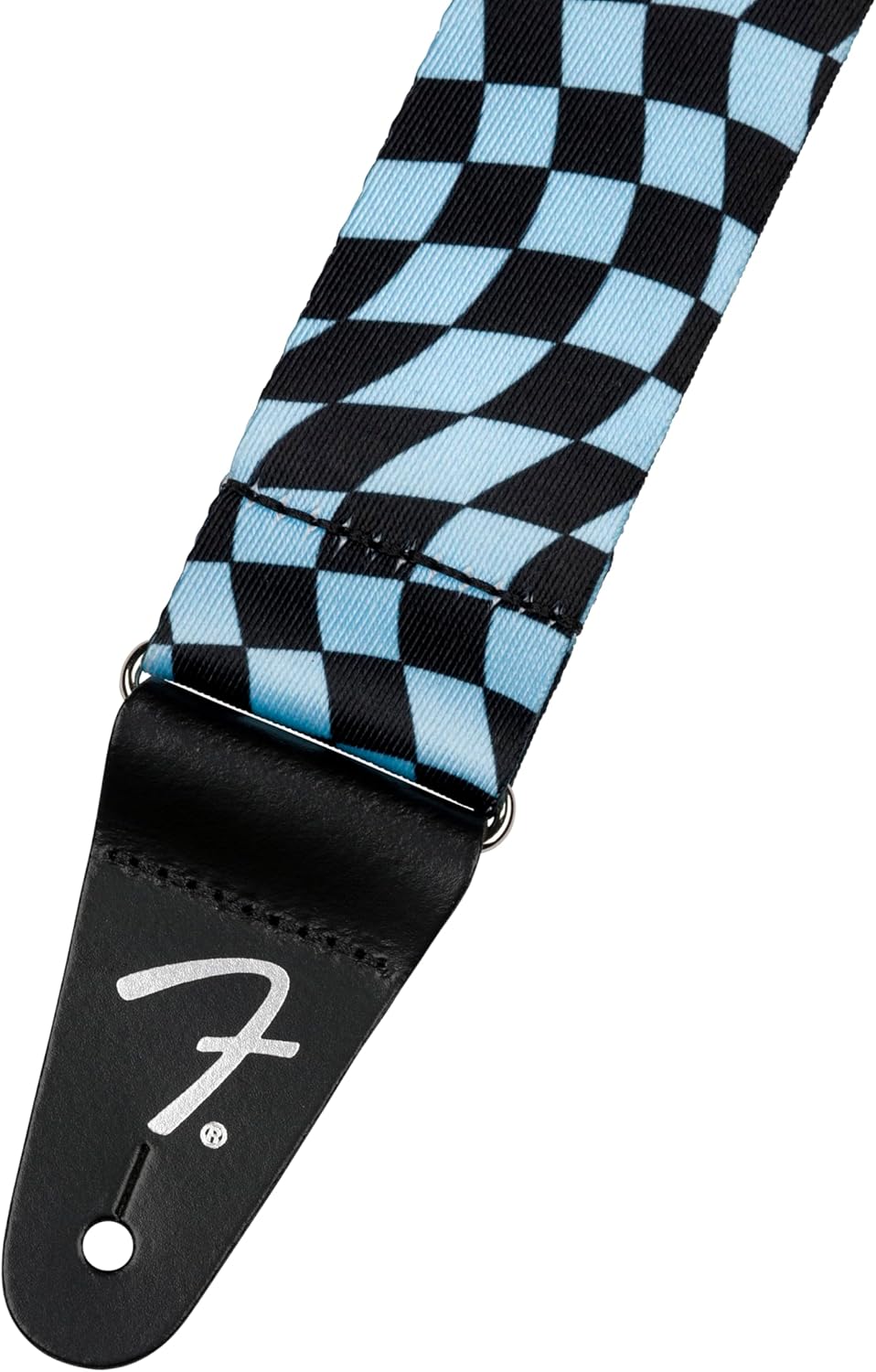 Fender Wavy Checkerboard Polyester Guitar Strap, Adjustable from 34"-59", Leather Ends, Blue