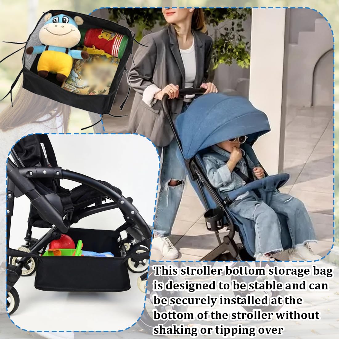 Portaoggetti e organizer per passeggino,1 borsa portaoggetti in rete per passeggino, cestino portaoggetti universale per passeggino, per riporre gli accessori per il bambino.