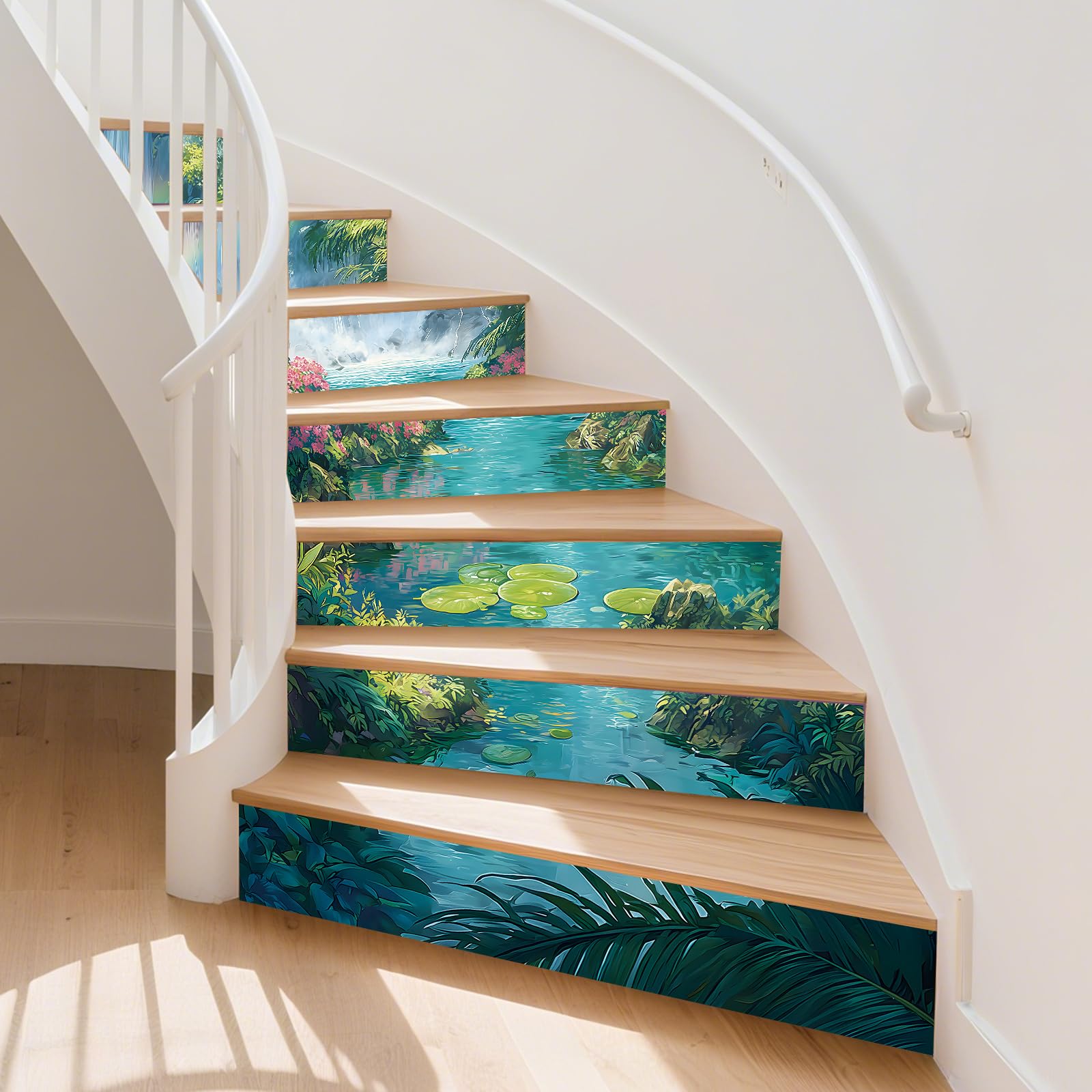 PLIGREAT 15 tiras de calcomanías para escaleras, diseño de cascada de bosque, despegar y pegar, calcomanías para escalones, 18 x 100 cm, murales de vinilo autoadhesivo para decoración del hogar y