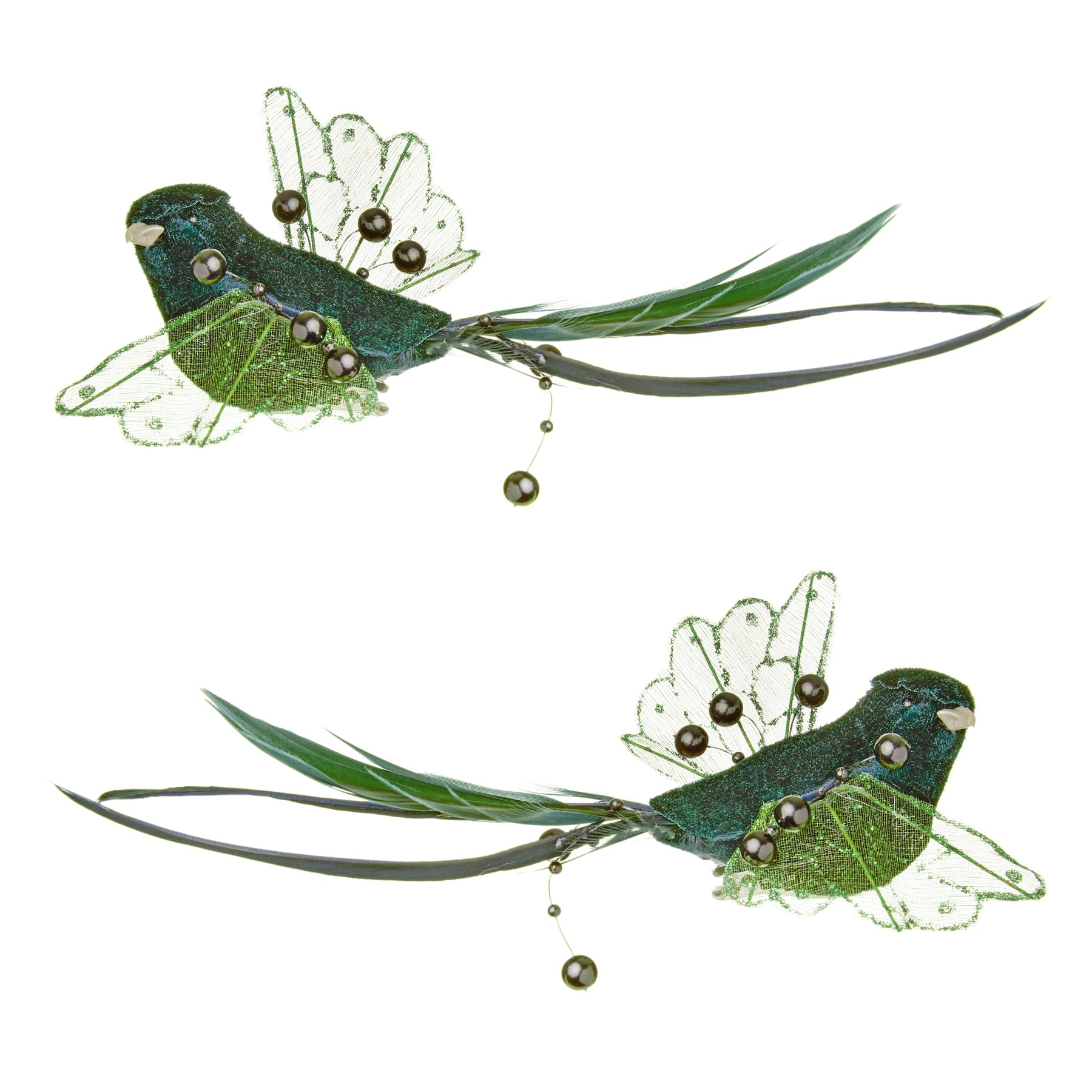 Widdle Gifts Green Christmas Tree Bird Decorations On Clip With Feathers And Beads 18Cm Set Of 2 (Green)