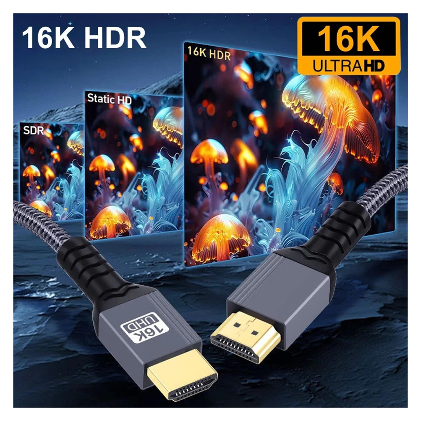 Cavo HDMI 2.2 16K A 144 Hz (8K A 60 Hz, 96 Gbps, QFT, HDR, EARC, Intrecciato, Placcato Oro, 0,5 M/1 M/2 M) Funziona Con HDTV/Laptop/PS5/Giochi(2m)
