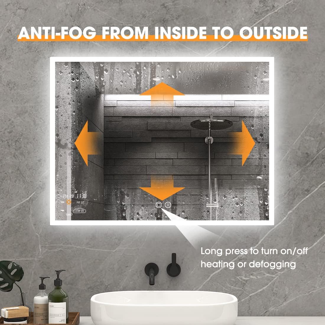 32 x 24 Inch Led Smart Bathroom Mirror with Lights, Anti Fog Lighted Vanity Mirror with Weather Time Wall Mounted, White/Warm/Natural Light Dimmable, CRI92, IP54 Waterproof (Horizontal)