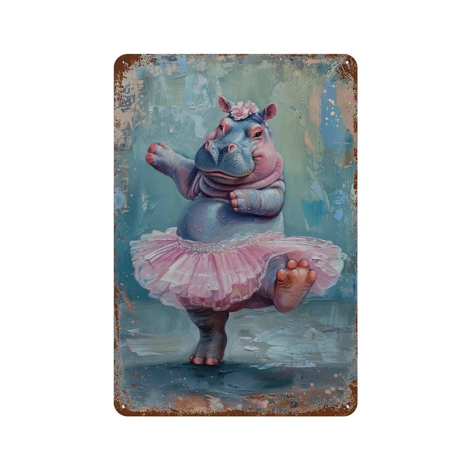 Hippopotamus Ballerina Painting 11.8"x7.9" Aged Metal Wall Plaque, Retro Wall Decor for Farmhouse, Kitchen And Entryway Decor