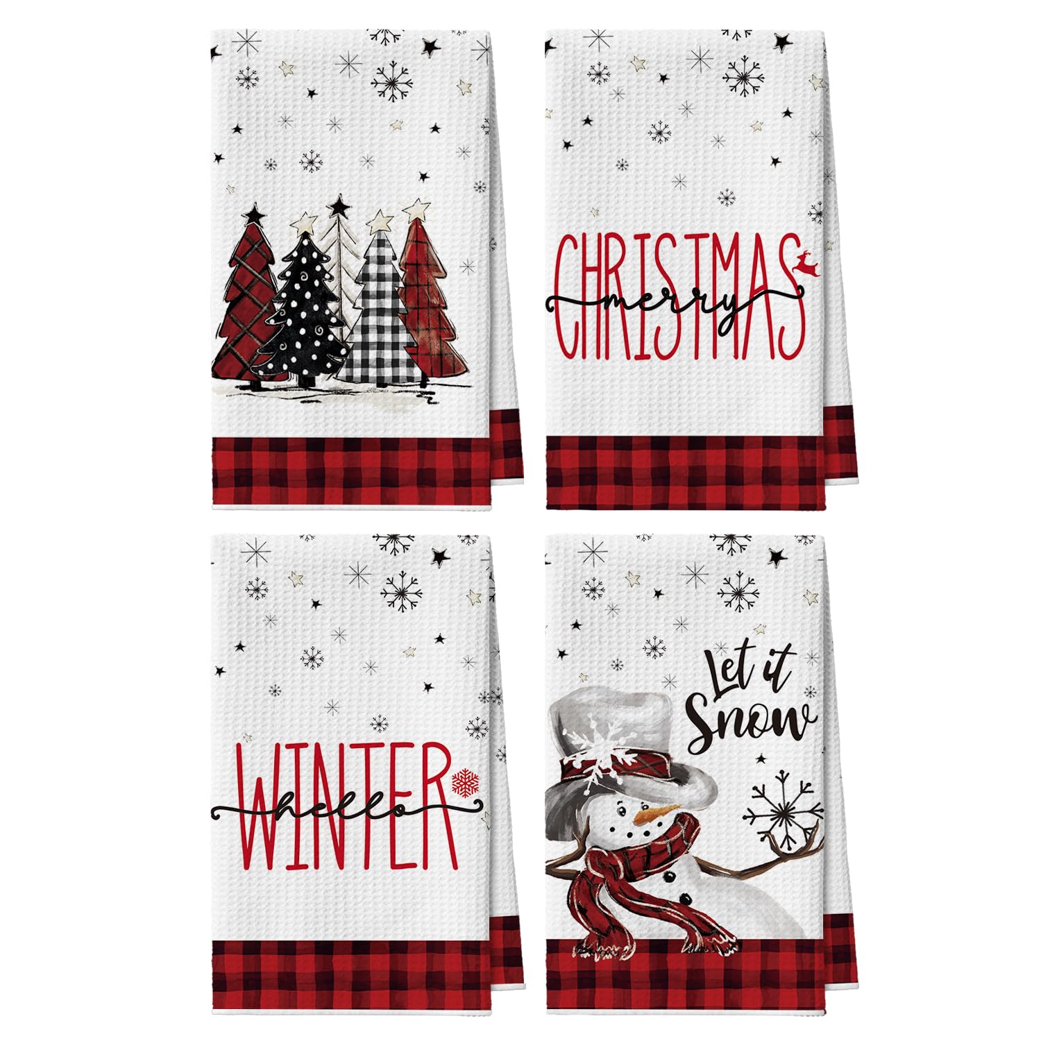 Artoid Mode Red Xmas Tree Snowman Merry Christmas Bar Kitchen Towels, 12x24 Inch Quick Dry Microfiber Cloth Dish Towels for Kitchen Drying Set of 4