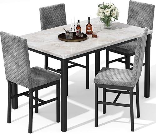 Miniatura 9 de Hooseng Juego de mesa de comedor para 4 mesas de comedor de 5 piezas de mármol sintético con 4 modernas sillas tapizadas de terciopelo para espacios