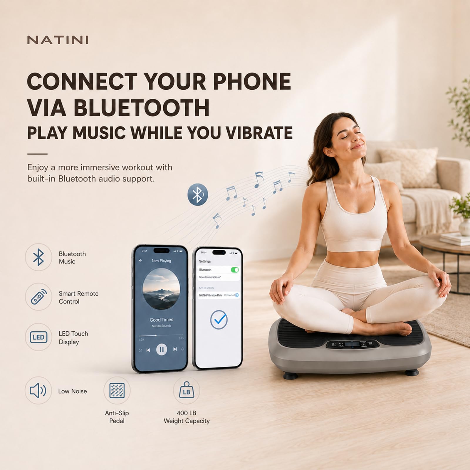 Natini - Placa de vibración, máquina de ejercicio con plataforma de vibración para todo el cuerpo con altavoz Bluetooth, equipo de fitness en casa para bajar de peso y tonificación (tamaño grande)