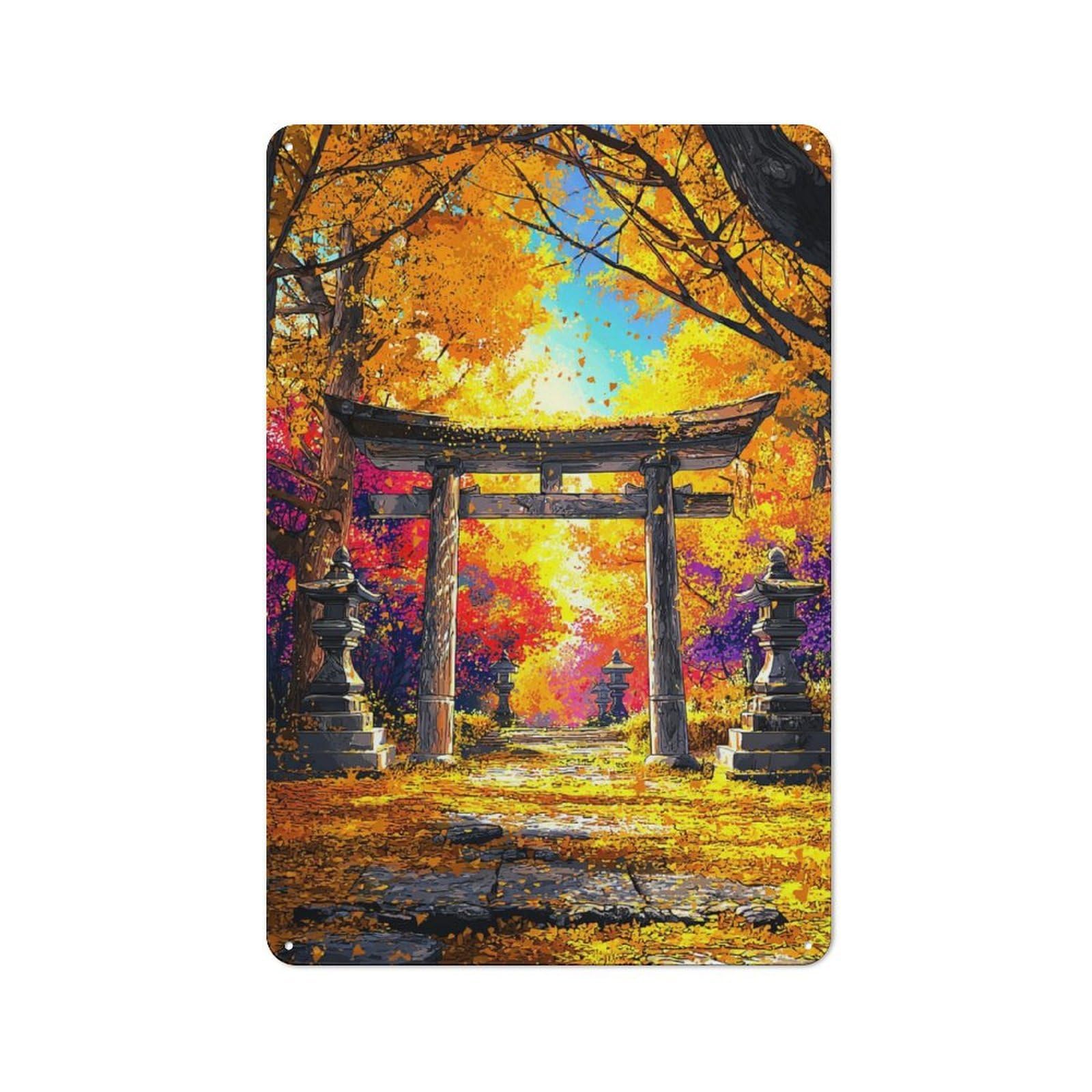 Junmoney Autumnal Torii Gate Serenity -1 Retro Metal Plaque 30X20cm For Guest Room Or Hallway, Housewarming Present For People Styling Guest Room And Hallway