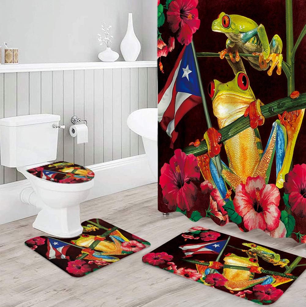 Exсluѕіvе Sресіаl OneHoney 4 Piece Shower Curtain Sets with Non-Slip Rugs, Funny Frogs and Spring Floral Bathroom Curtains Waterproof, Puerto Rico Flag Decor Doormat, Toilet Lid Cover and Bath Mat Buу 2 gеt 3 OneHoney 4 Piece Shower Curtain Sets with Non-Slip Rugs, Funny Frogs and Spring Floral Bathroom Curtains Waterproof, Puerto Rico Flag Decor Doormat, Toilet Lid Cover and Bath Mat