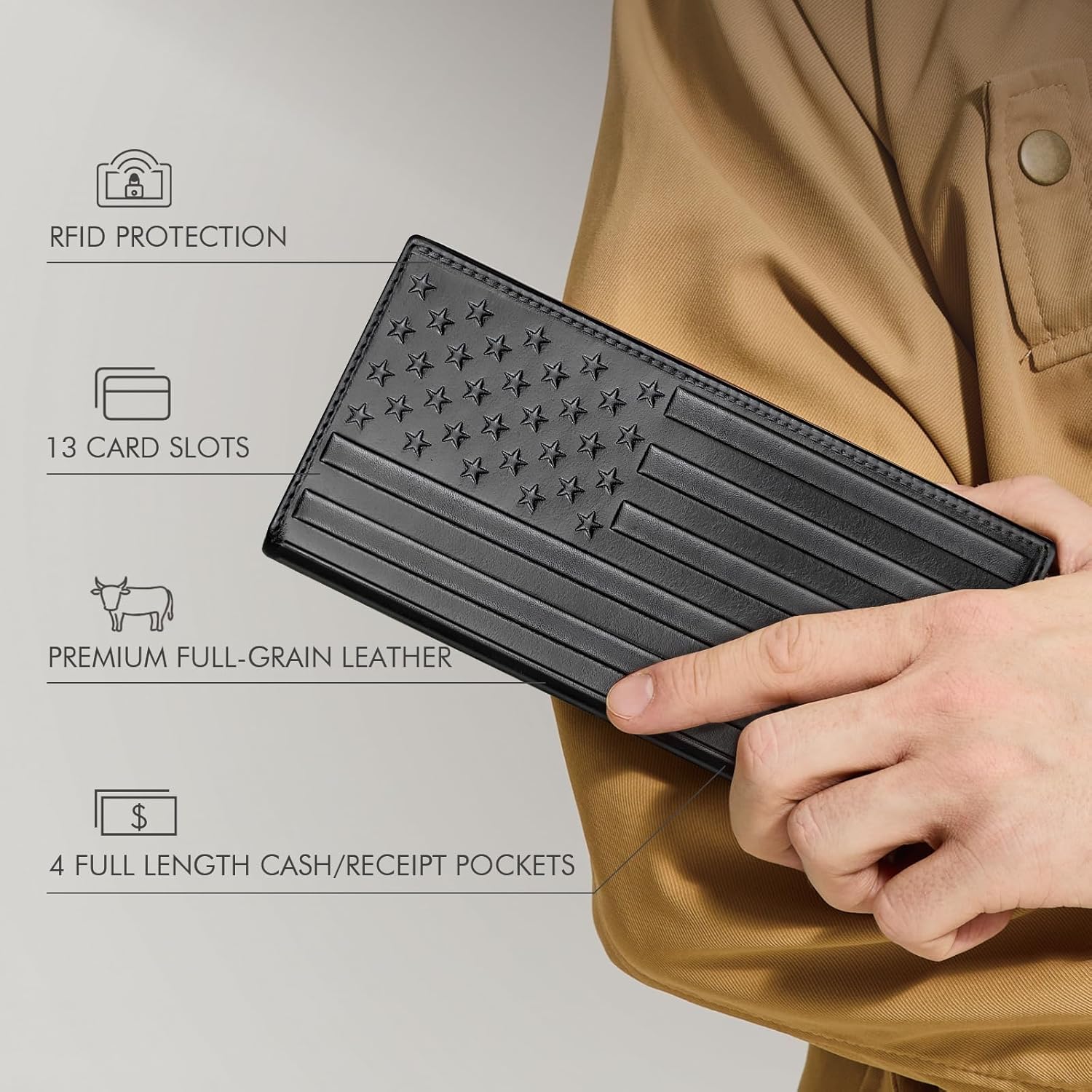 Long Wallet for Men Leather, Mens Checkbook Wallet Rodeo, Large Western Cowboy Wallet Bifold, RFID Blocking, Gift for Men (American Flag, Black) - Image 4