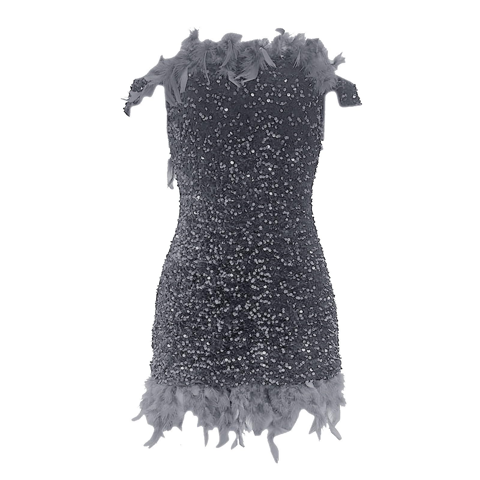 Abito da donna con paillettes e piume, doppia spalla, corto, aderente, per carnevale, abito formale, scuro