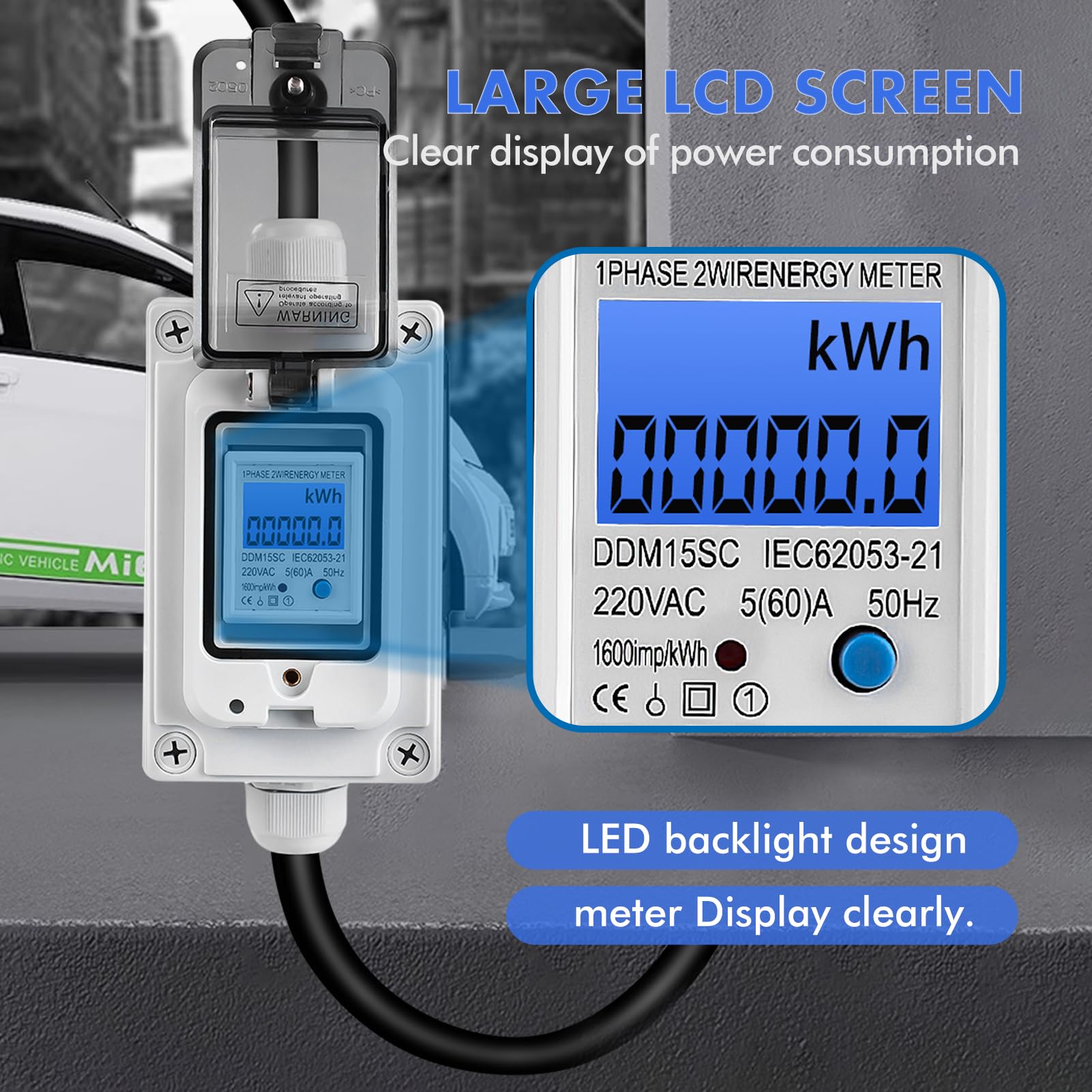 Jadeshay Contatore Energia Elettrica,230V 16A Misuratore Consumo Elettrico Mobile Contatore di Energia Impermeabile con Reset per Camper RV Auto Domestico con Spina CEE Industriale e 3 Metri Cavo