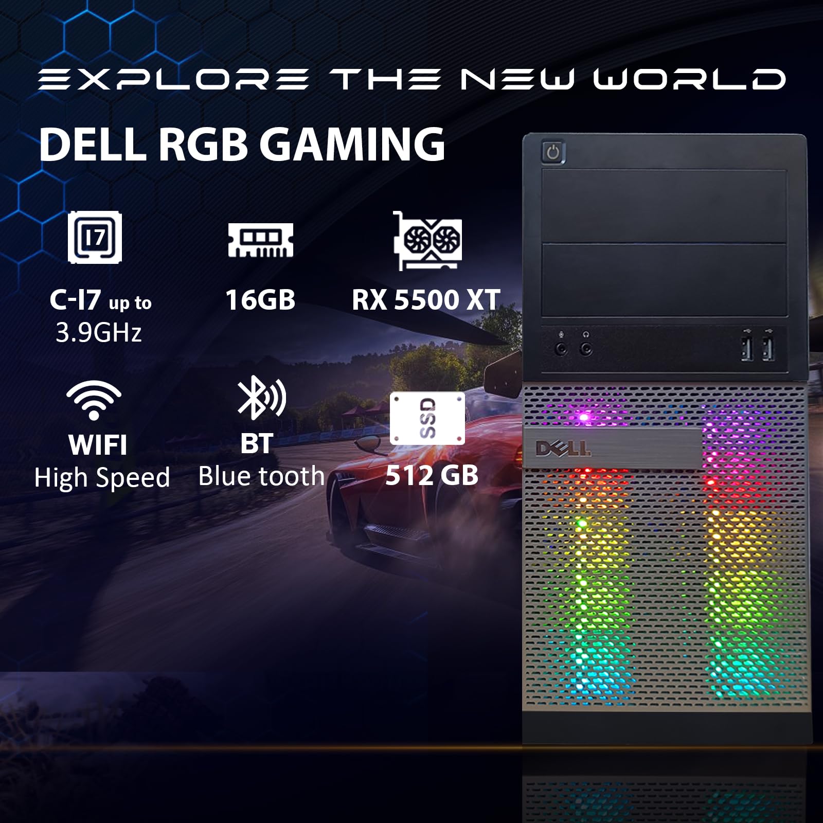 Dell pc Gaming Reacondicionado, Ordenador de Sobremesa,Quad Core I7 up to 3.9GHz, Radeon RX 5500 XT 8GB GDDR6, RAM 16GB, SSD 512GB, WiFi 600M, Bluetooth 5.0, W10P64