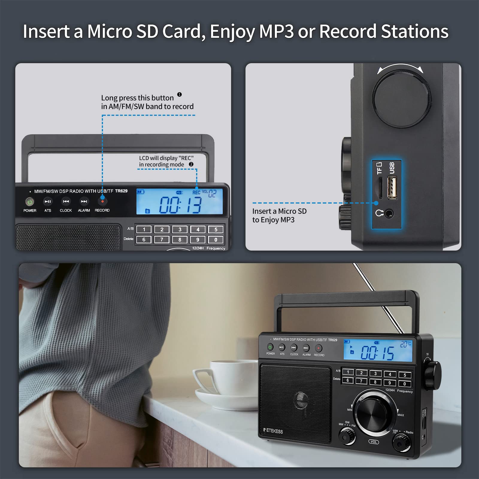 Retekess TR629 Radiolina Portatile, Radio Digitale Portatile, FM AM Onde Corte SW, DSP, a Batteria e Corrente, USB SD Card, Allarme
