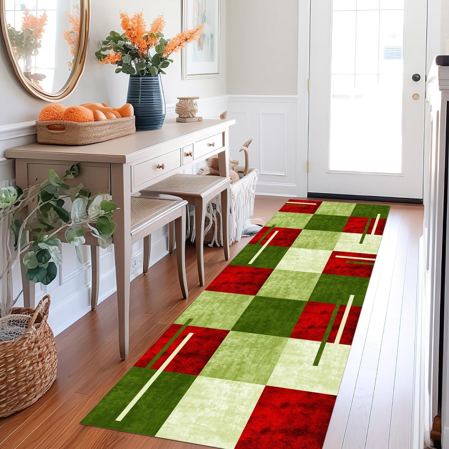 Teppich Läufer Lang Rot Grün Flur Küche rutschfest waschbar Teppichmatten Modern Design Küchenläufer 80X160cm Küchenteppich Meterware Esszimmer Schlafzimmer Wohnzimmer Schmutzfangmatte