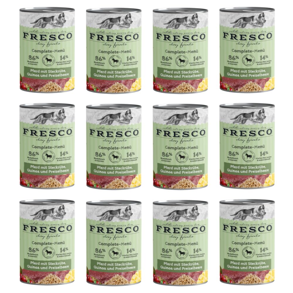 Fresco Complete-Menü Pferd mit Steckrübe, Quinoa & Preiselbeeren | 12er Pack | 12 x 400 g | Nassbarf für Hunde | Wichtige Proteine & Eiweiß | Aus reinem Muskelfleisch