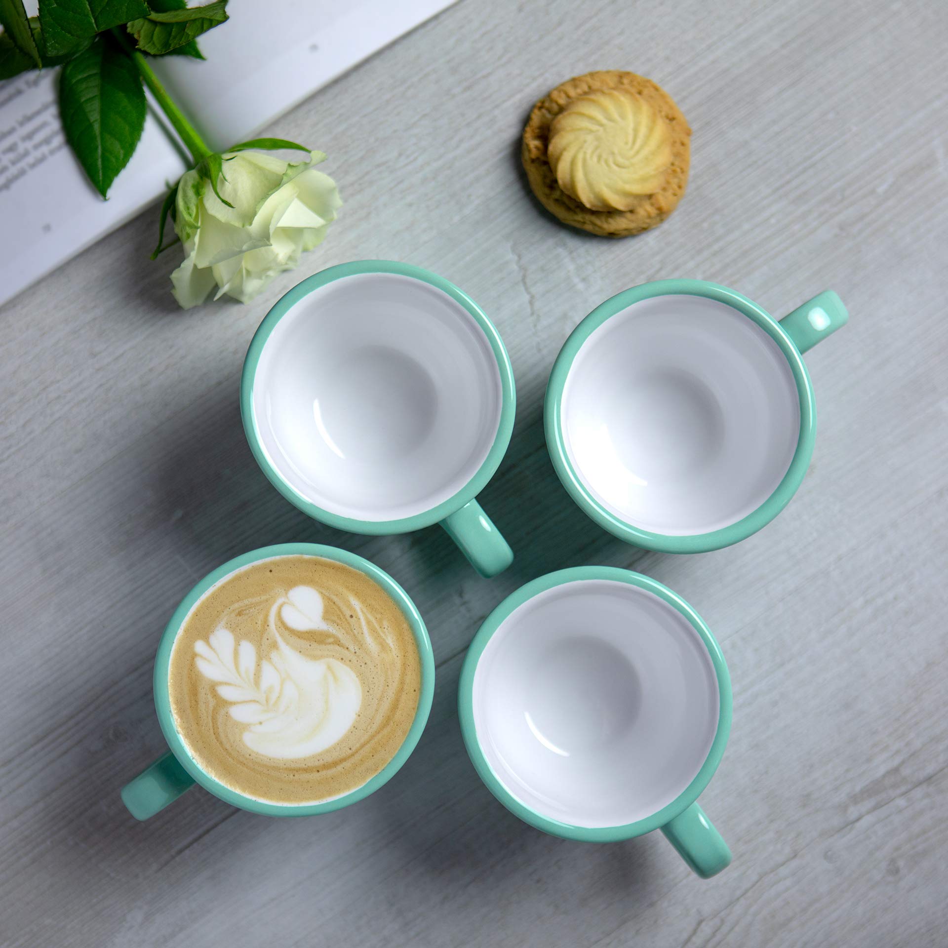 City to Cottage® - Kaffeebecher Teetasse 250 ml | Türkis und Weiß | Polka Dots | Handgemacht | Keramik Geschirr | Cappuccino Tasse mit Untertasse
