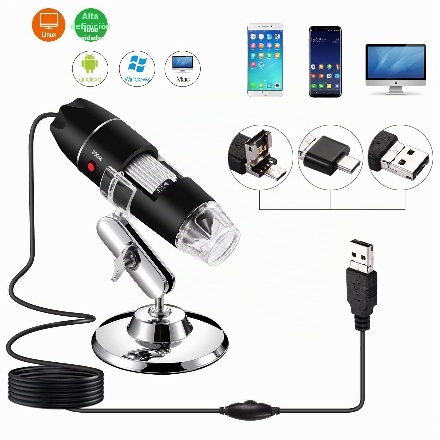Jiusion 40 A 1000 x endoscopio, 8 LED USB 2.0 Digital Microscopio, Mini cámara con OTG Adaptador y Metal Soporte, Compatible con Mac Windows 7 8 10 11 Android Linux Chrome