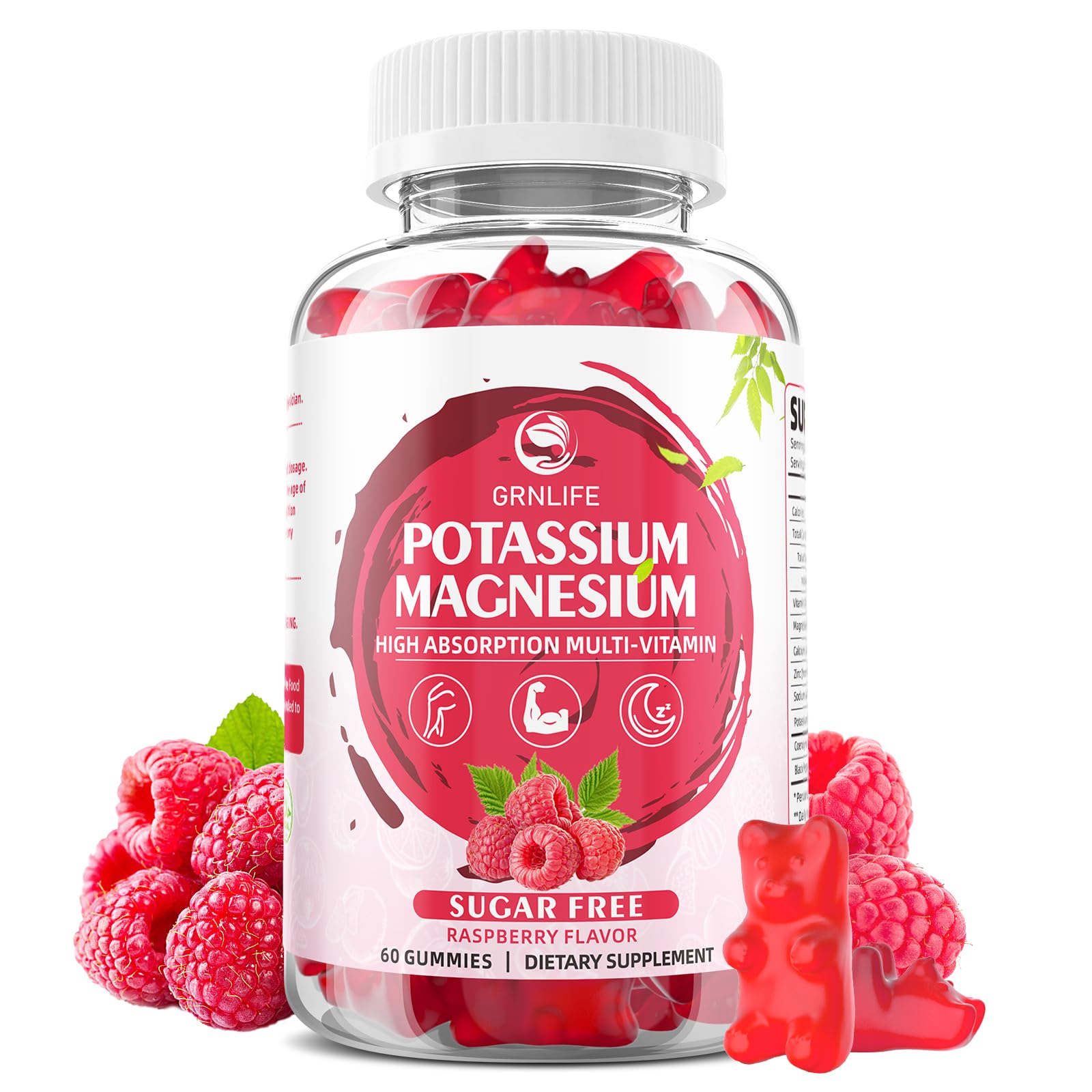 Potassium Magnesium Supplement Gummies, Potassium Gummies for Adults Kids, High Absorption Magnesium Glycinate for Leg Cramps & Immune Health, Sugar-Free, Raspberry Flavors, 60 Count Raspberry 60 Count (Pack of 1)