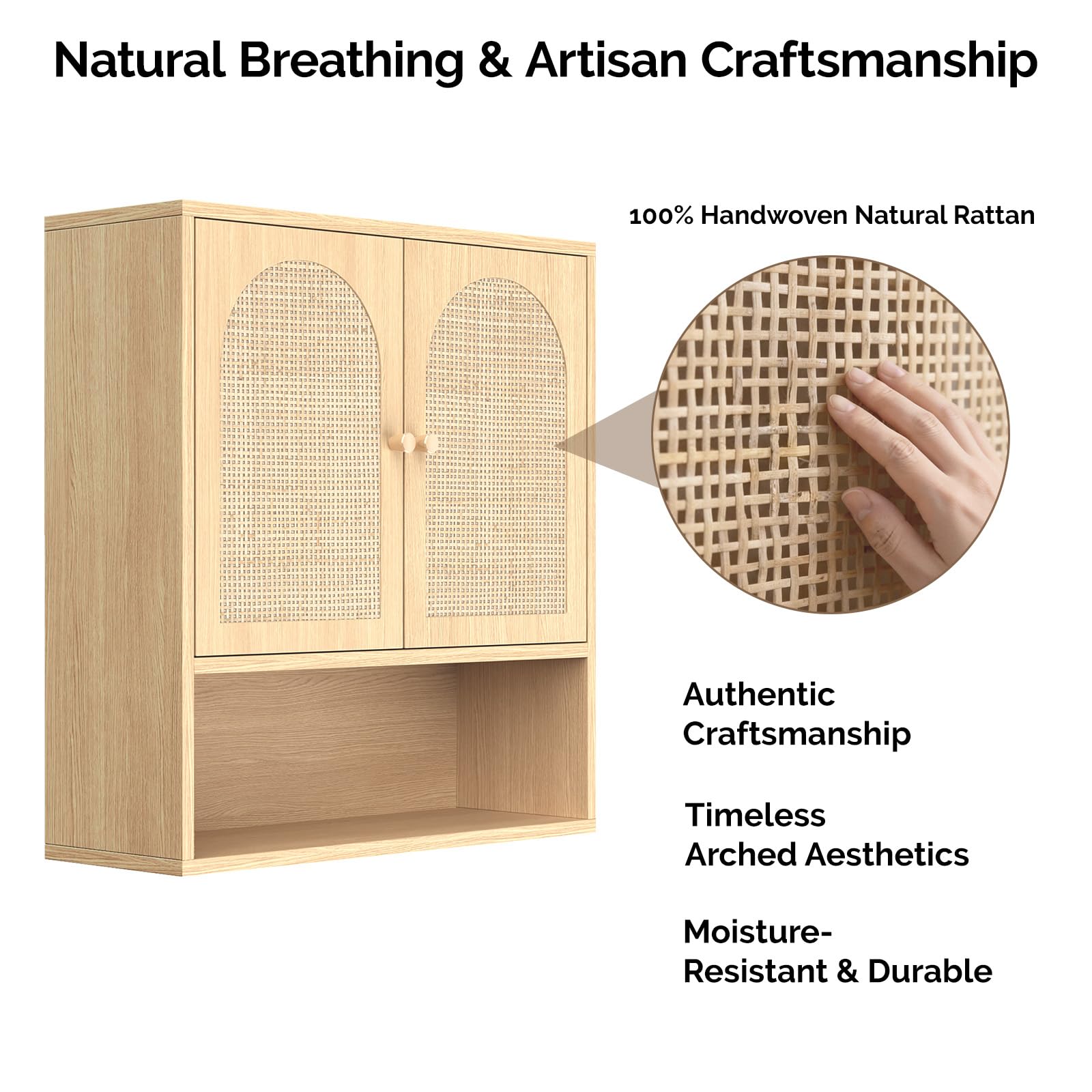 Bonnlo Badezimmerschrank Hängend, Hängeschrank Bad, Badezimmer Hängeschrank, Badschrank Hängend, Wandschrank mit 2 Türen & 3-stufig Verstellbarer Ablage & offenes Ablagefach, 58x20x62cm, Ratten