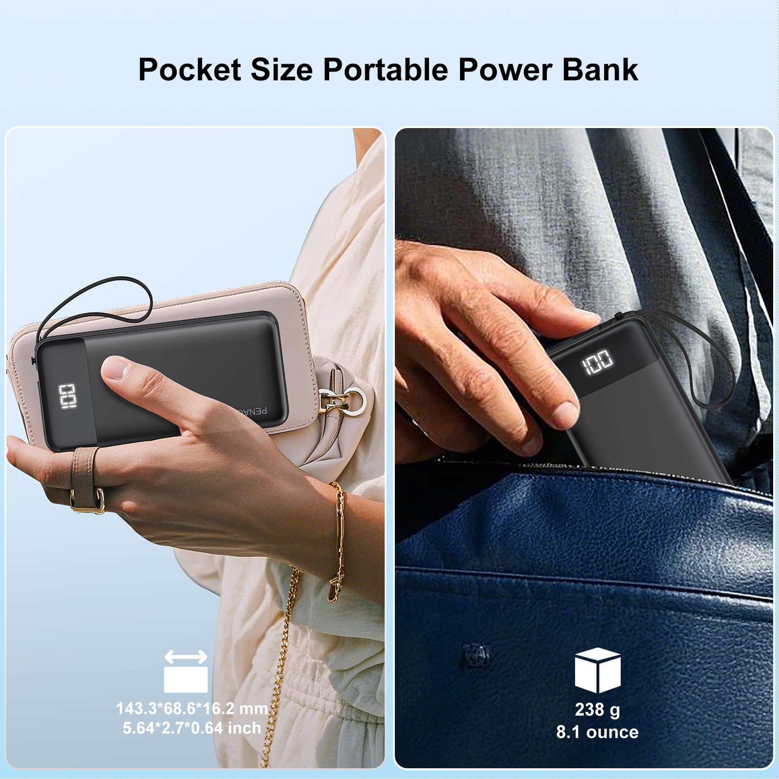 penaover Caricabatterie portatile 10000 mAh Power Bank con cavo integrato, 5 uscite, 2 ingressi, batteria esterna essenziale da viaggio con display a LED, compatibile con iPhone 16/15 Samsung S22