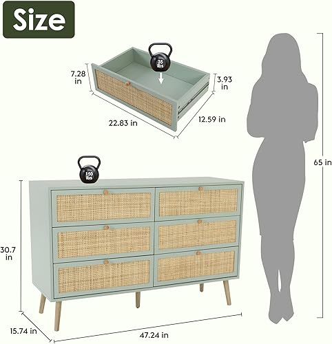 Miniatura 9 de Cómoda moderna de ratán de 4 cajones para dormitorio, cómoda alta de madera industrial con cajones de ratán natural hechos a mano, torre de