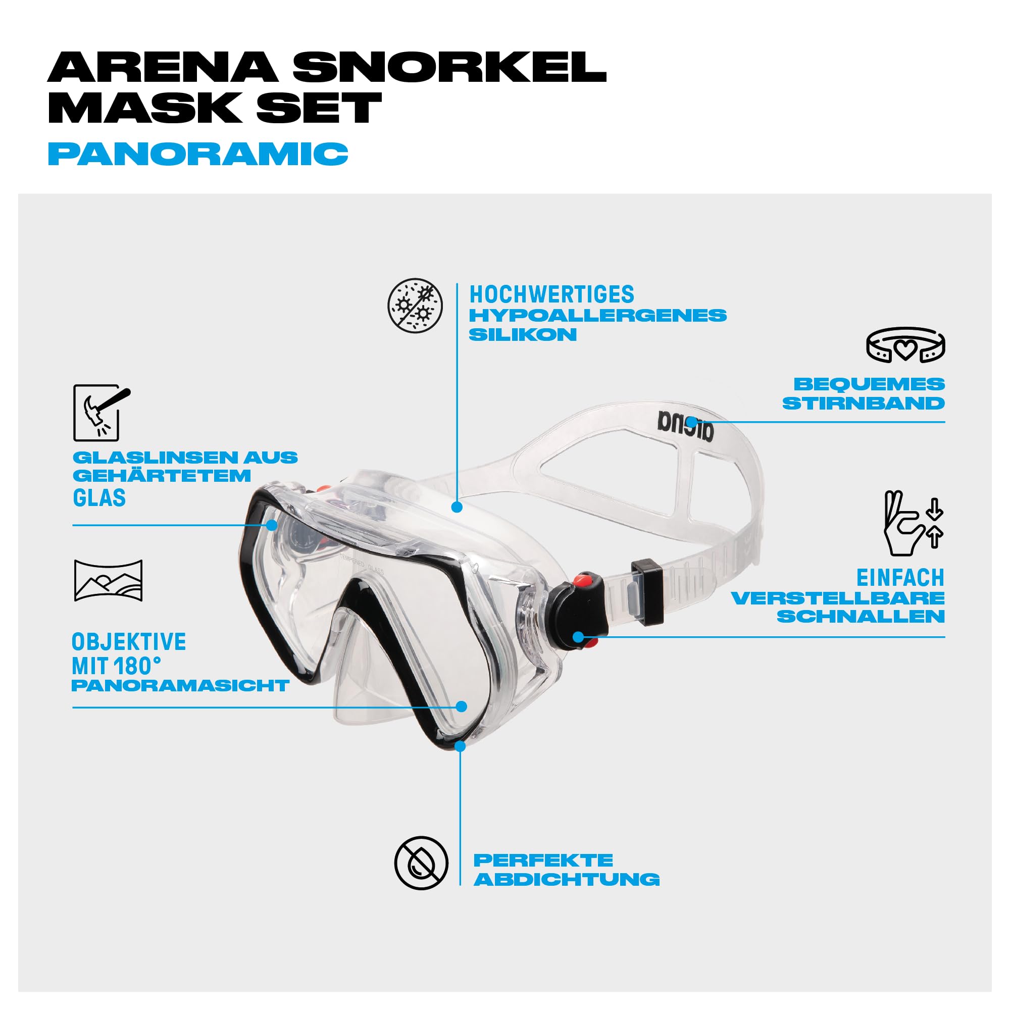 Arena Set Panorama-Maske und Schnorchel für Erwachsene, Schnorchelmaske Unisex, Panorama-Maske mit Weitem Sichtfeld, Schnorchelset mit Anti-Infiltrations-Technologie, Hypoallergenes Silikon