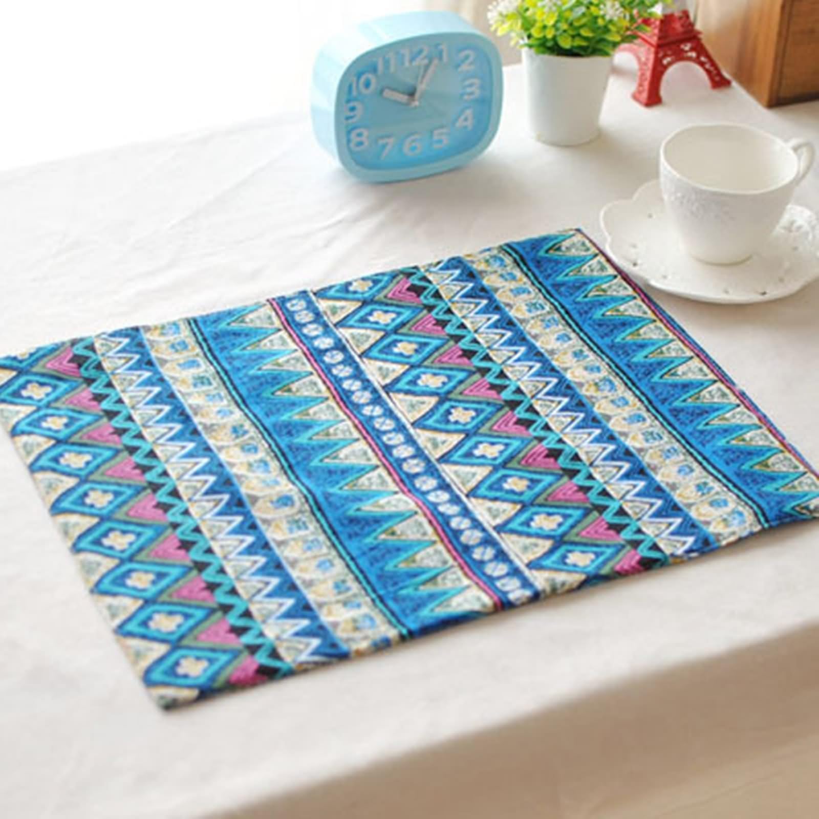Lot de 8 Set de Table Vintage Dinner 30x40cm, sous Assiette Bleu Motif à Rayures Ondulées Géométriques Coton Lin