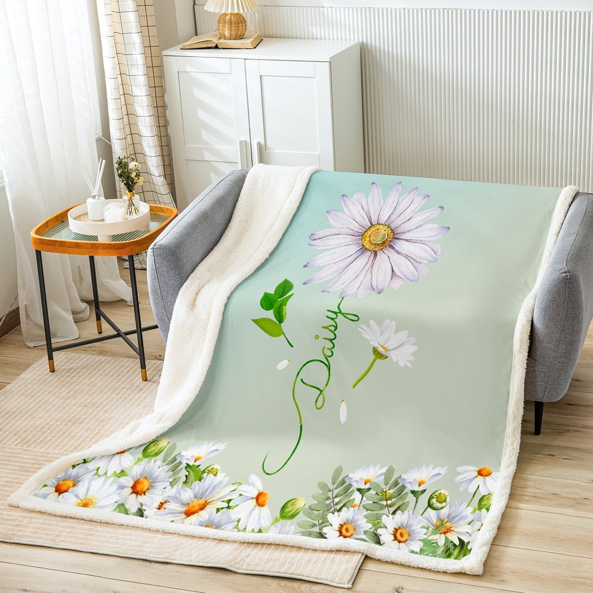 Feelingyou Girls Flower 02 Daisy Flowers Bed Blanket Kids Spring Theme Sherpa Blanket Soft Cozy Lightweight Watercolor Floral Plush Fleece Daisy Blanket Gifts For Bed Chair Office Sofa(Throw 50"X60")