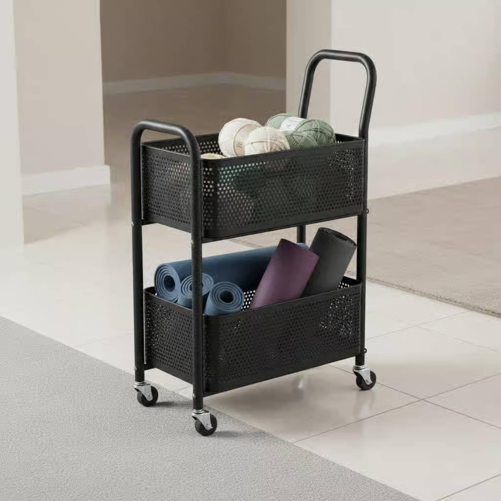 Carrello Portatutto Due Ripiani Carrello con Ruote Cestelli in Acciaio al Carbonio Struttura con Bordo Arrotondato Manico Rialzato Facile da Spostare, Beige