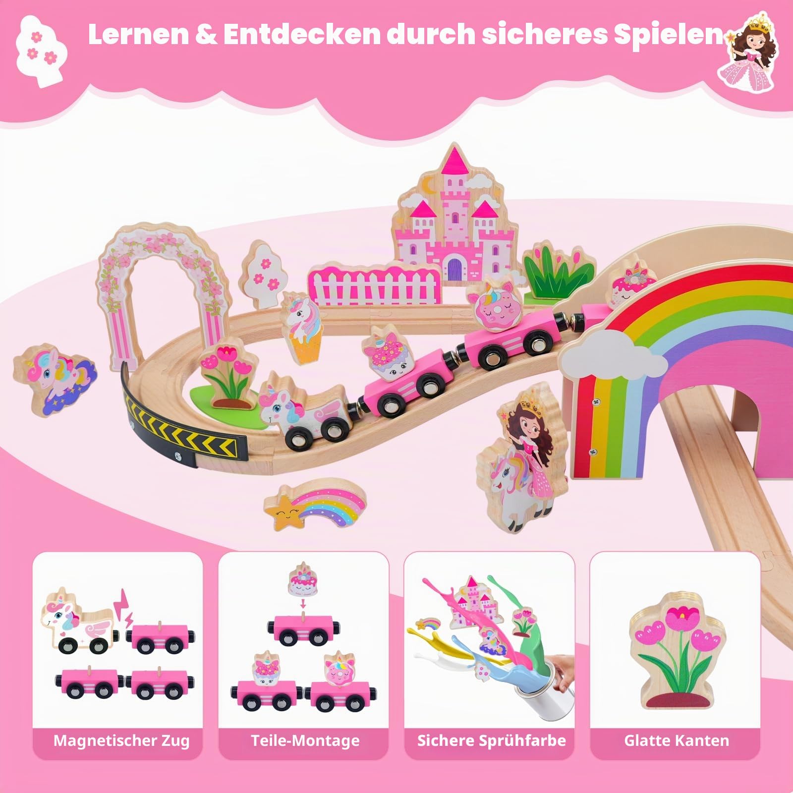 SIMPLIPLAY Holzeisenbahnset – 43-teiliges magnetisches Einhorn-Spielzeugzugset mit Holzeisenbahnschienen und Brücke für Mädchen und Kleinkinder, Geburtstag oder zu Weihnachten