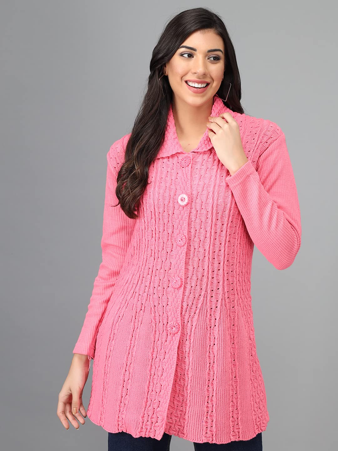 eKools Women's Wool Blend Banded Collar Cardigans (Coat8-M-Pink Pink_M) - Image 5 thumbnail