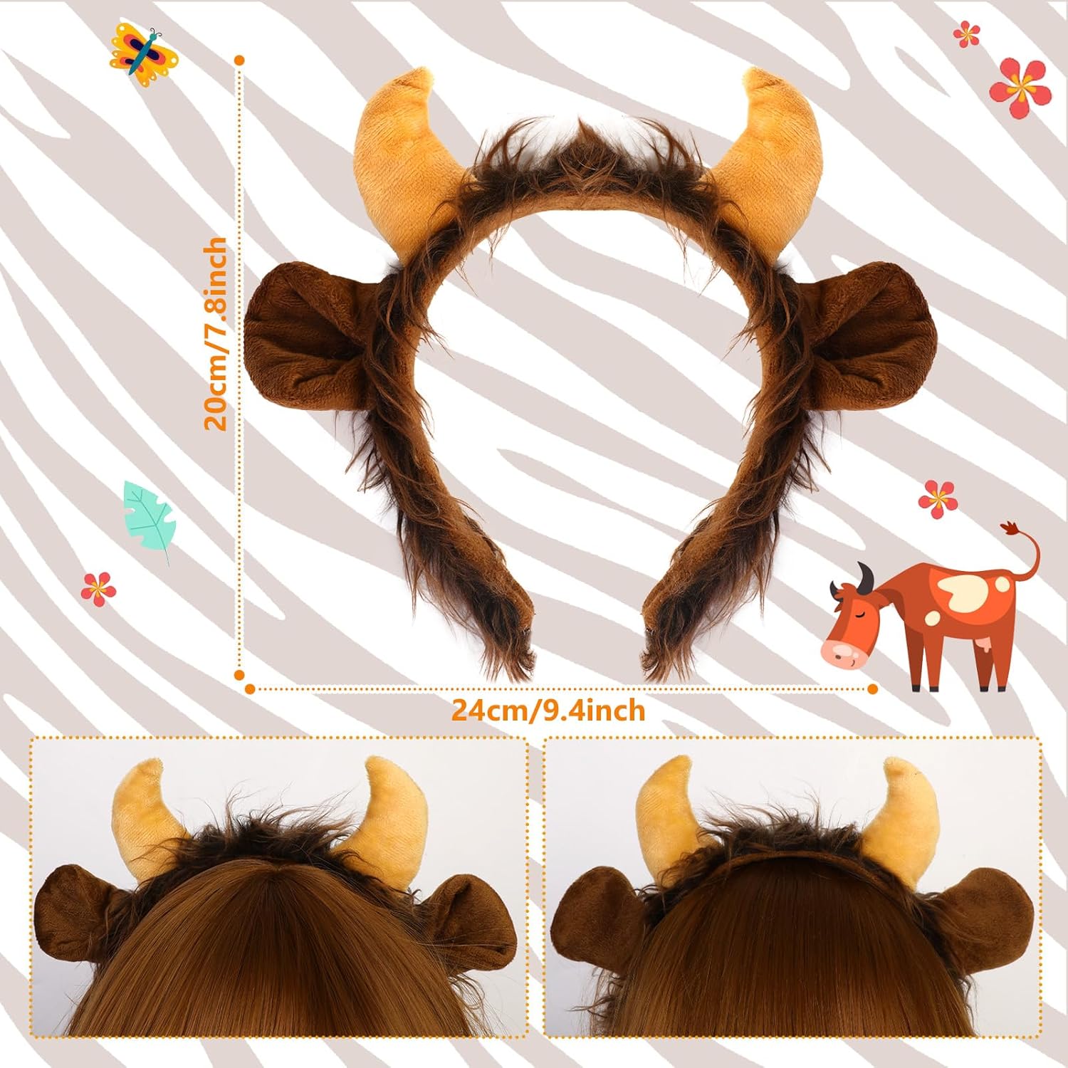 XEPST Bull Costume Set, Bull Horns Cow Ears and Tail Set with Ox Horns Headband and Bull Tail for Animal Costume Cosplay Halloween Costume Birthday Party Accessories Fancy Dress Party Supplies - Image 3