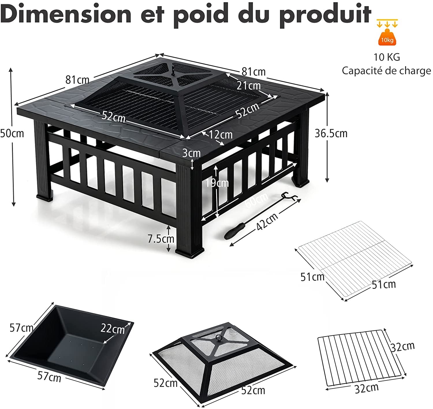 GOPLUS Brasero de Jardin Carré en Fer,Table de Foyer Maille et Couvercle Pare-étincelles avec Tisonnier Long,Grand Bac de Rangement pour Chauffage et Barbecue Glacière 81x81x50cm (Noir)