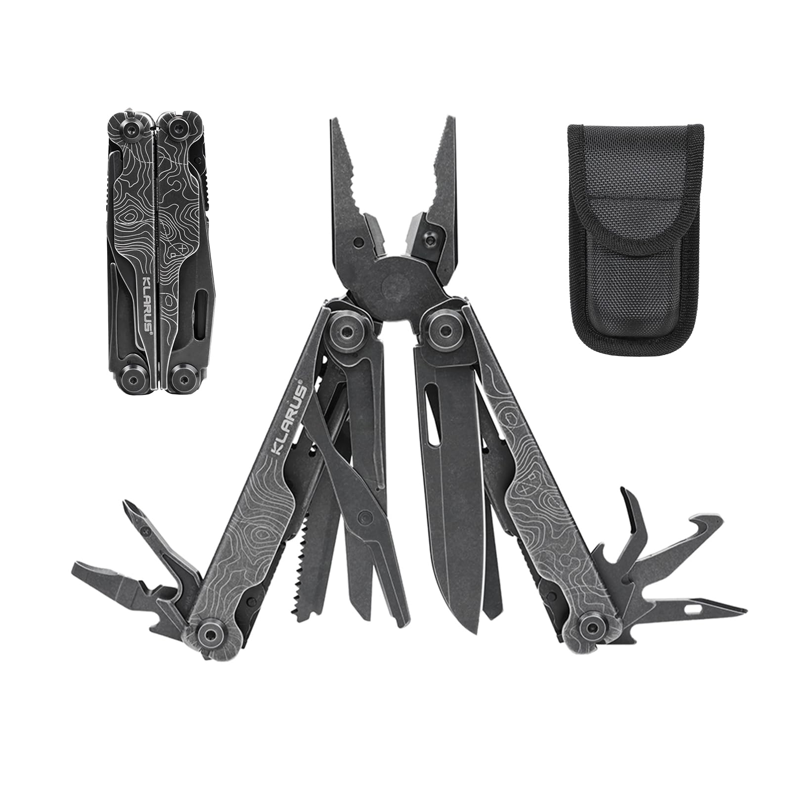 KLARUS MT07 Coffret cadeau homme : outil multifonction professionnel 20 en 1 comprenant une pince, un couteau pliant et un étui. Idéal pour le camping et les réparations en extérieur. (Black)