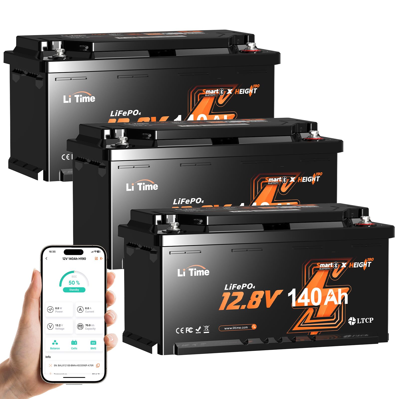 LiTime Batteria Litio 12V 140Ah H190 con Bluetooth per Camper, RV (3 pezzi)