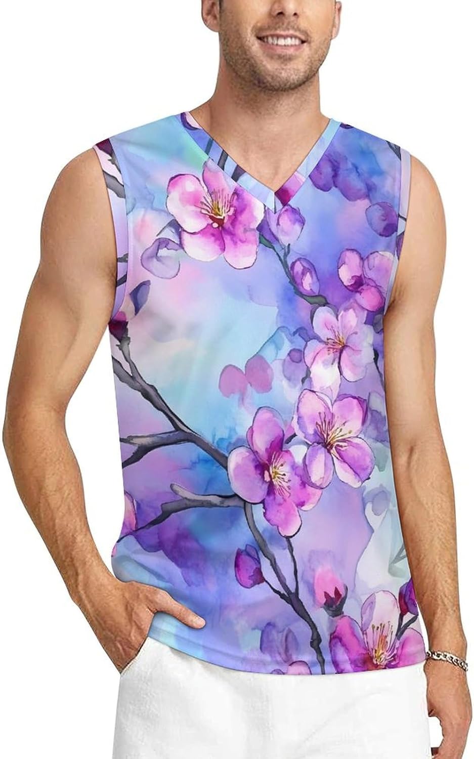 Watercolor Blossoming Flower Cherry Men's V-Neck Basketball Tank Top Sleeveless Workout Tank Shirts Gym Fitness Tees Vest