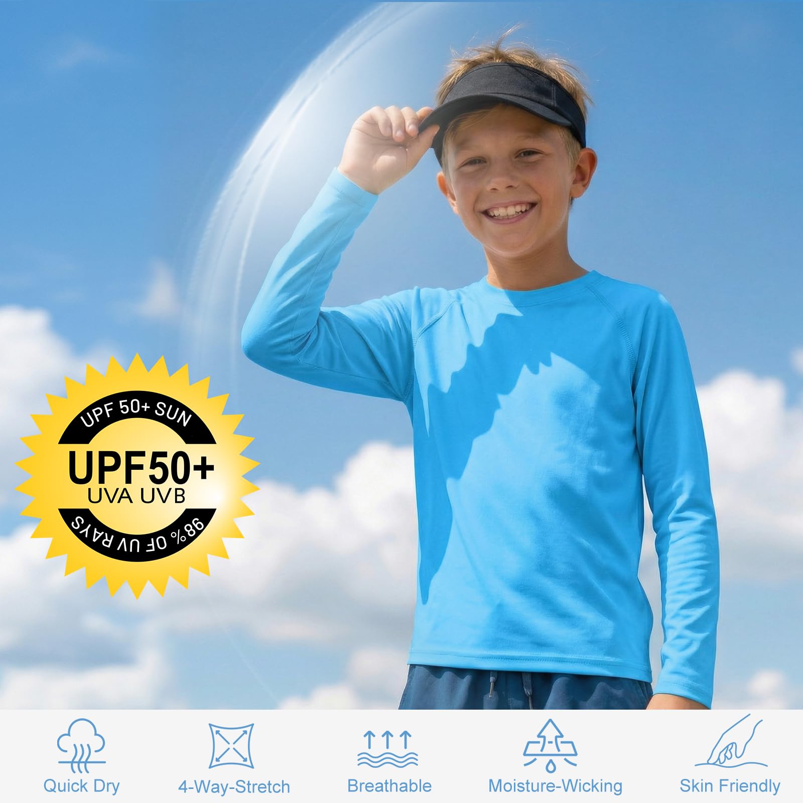 HYCOPROT UPF 50+ Maglietta UV per Bambini a Maniche Lunghe Asciugatura Rapida Maglietta da Bagno, Nuoto Rash Guard Top Traspirante per Ragazzi 5-14 Anni per Sport Acquatici e attività All'Aperto