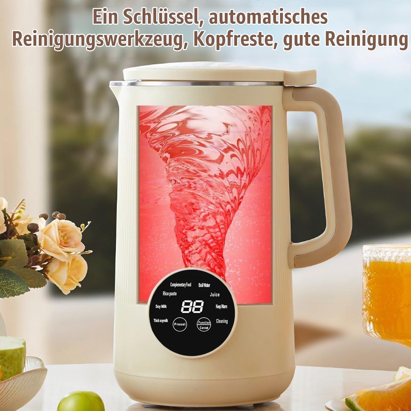 8-in-1 Sojamilch Maschine, Kuhmilchbereiter, Sojamilch Hersteller, Nussmilchmaschine mit 304 Edelstahl, Automatische Sojamilchbereiter, Pflanzenmilchbereiter, Touchscreen, Selbstreinigend (Weiß)